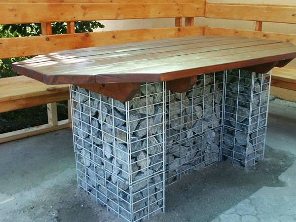 A table with gabion basket filled with rocks as table foot.