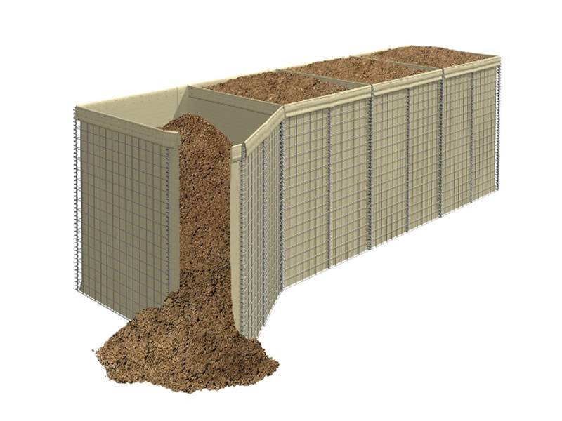 A four-cell defensive barrier with beige color geotextile and sands on white background.