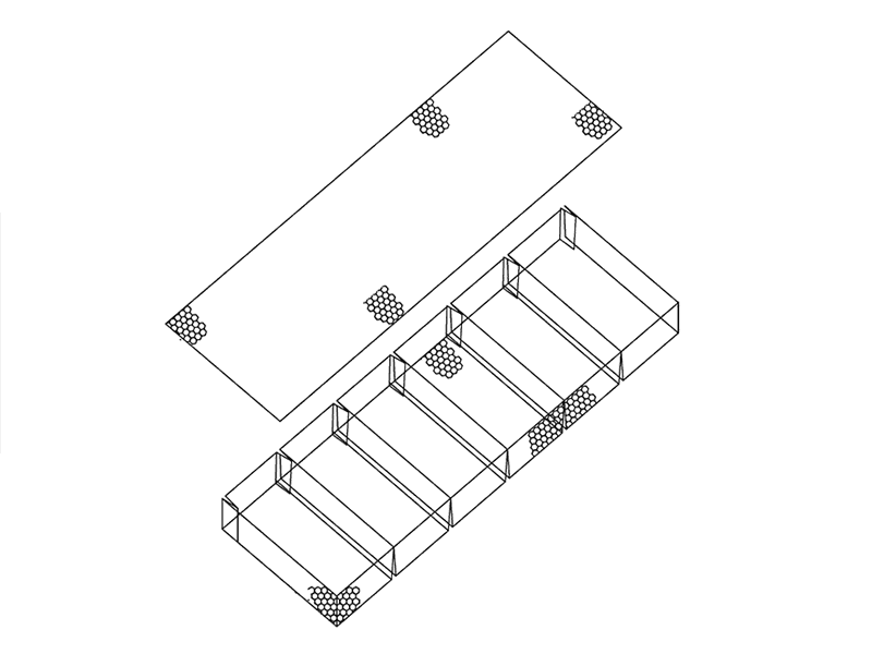 白い背景に二重ダイヤフラムのガビオンマットレスの図面。