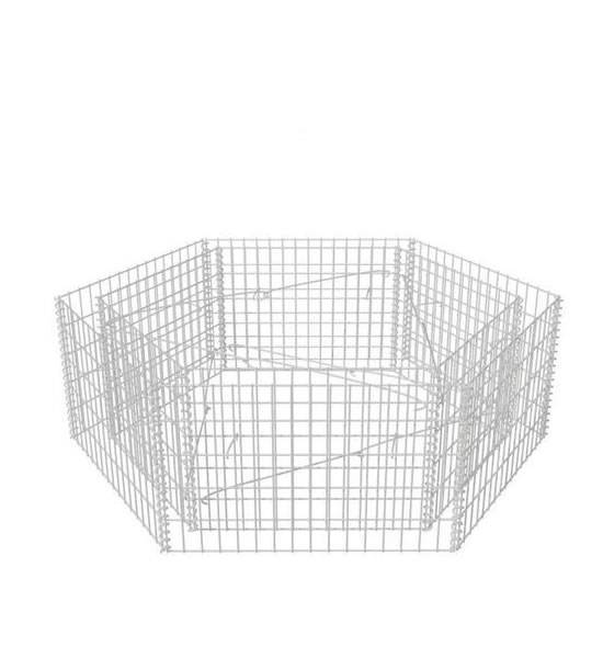 An assembled hexagonal gabion planter on white background.