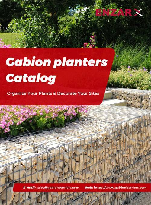 A pictures shows gabion planters in garden.