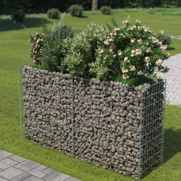 Several flowers are growing in the gabion.