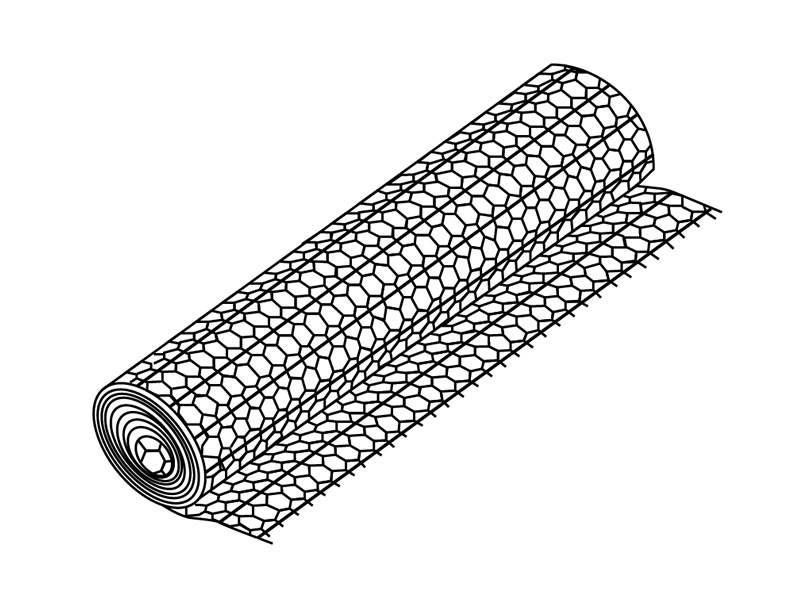 Un morceau de maille gabion renforcé sur fond blanc.