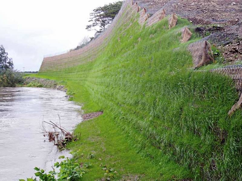 強化されたエコログガビオンは、川のそばの斜面に設置されています。