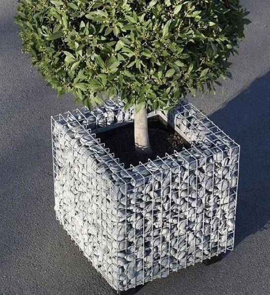 A tree is planted in the square gabion planter.