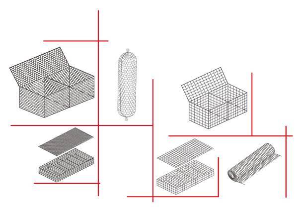Several different drawings of gabions on white background.
